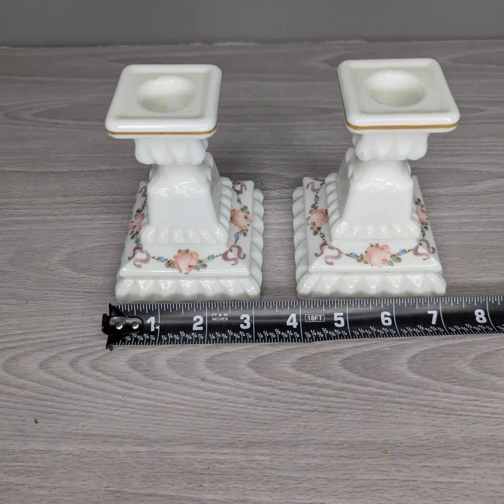 Vintage Westmoreland Milk Glass Floral Hand Painted Candle Holders Matching Pair